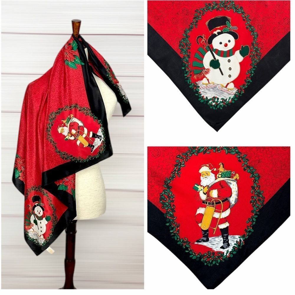 Elaine Gold Silk Scarf Christmas Santa Snowman Red Jacquard Vintage Korea